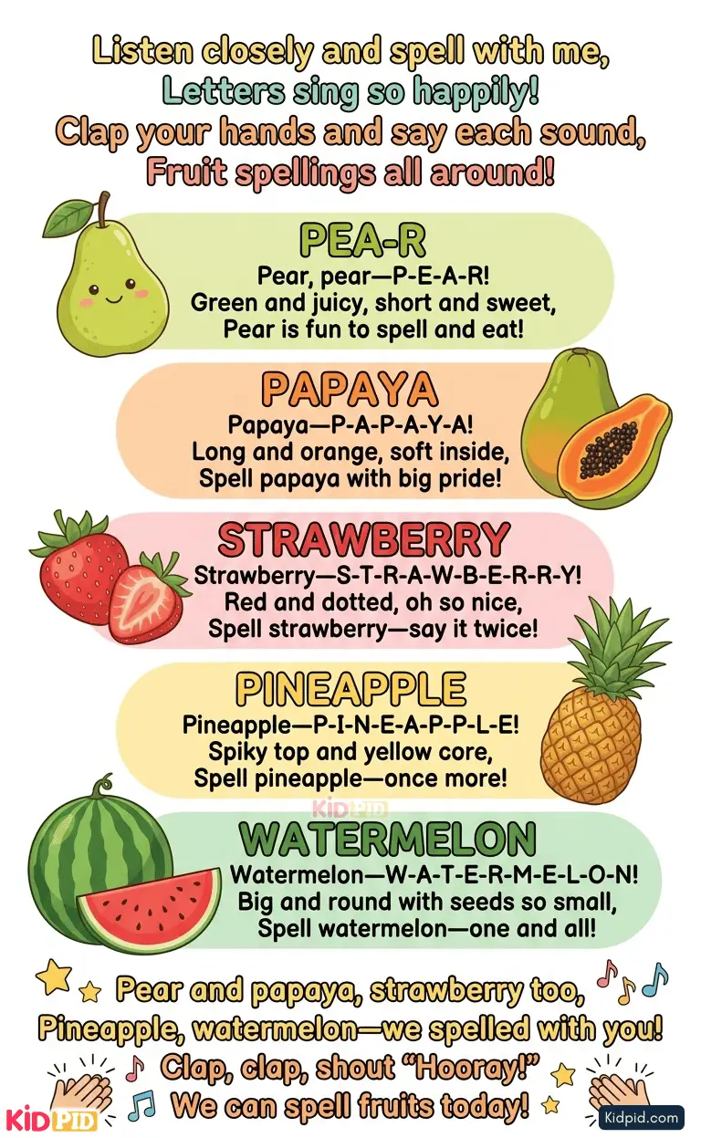 Colorful fruit spelling rhymes chart for kids featuring pear, papaya, strawberry, pineapple, and watermelon with fun educational verses.