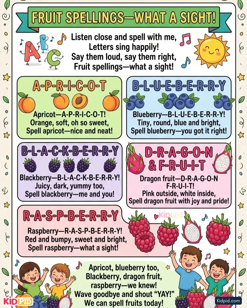 Educational fruit spelling rhyme chart for kids with apricot, blueberry, blackberry, dragon fruit, and raspberry cartoon illustrations and playful typography.