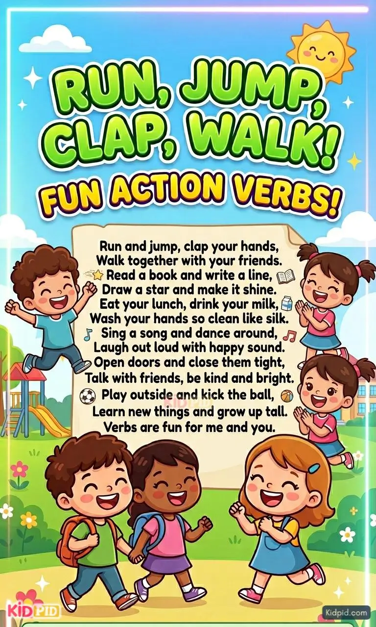 Happy children learning action verbs through a colorful rhyme poster featuring running, jumping, clapping, walking, reading, writing, singing, and playing activities.