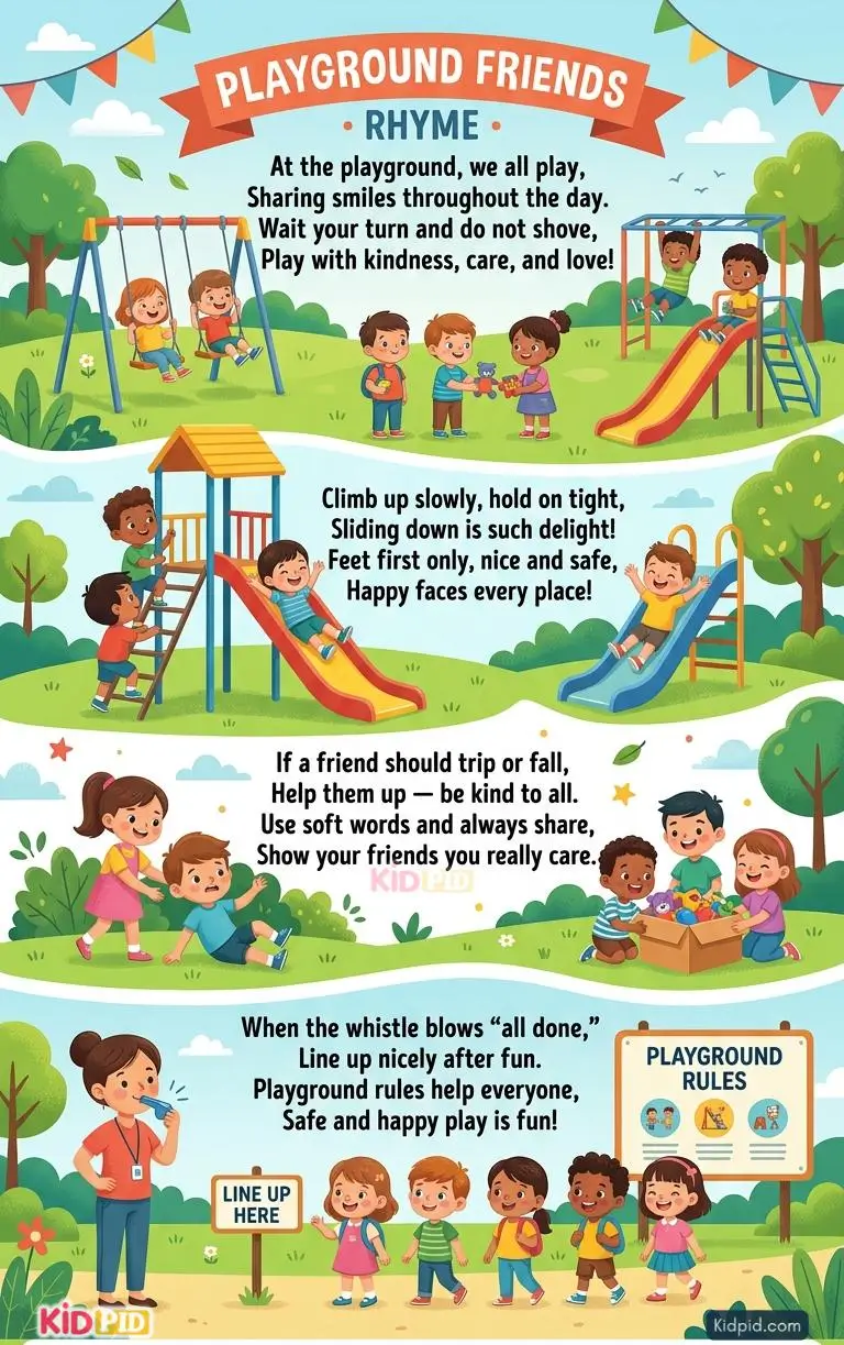 Children playing together on swings and slides while learning playground safety, sharing, kindness, and friendship through a fun educational rhyme.