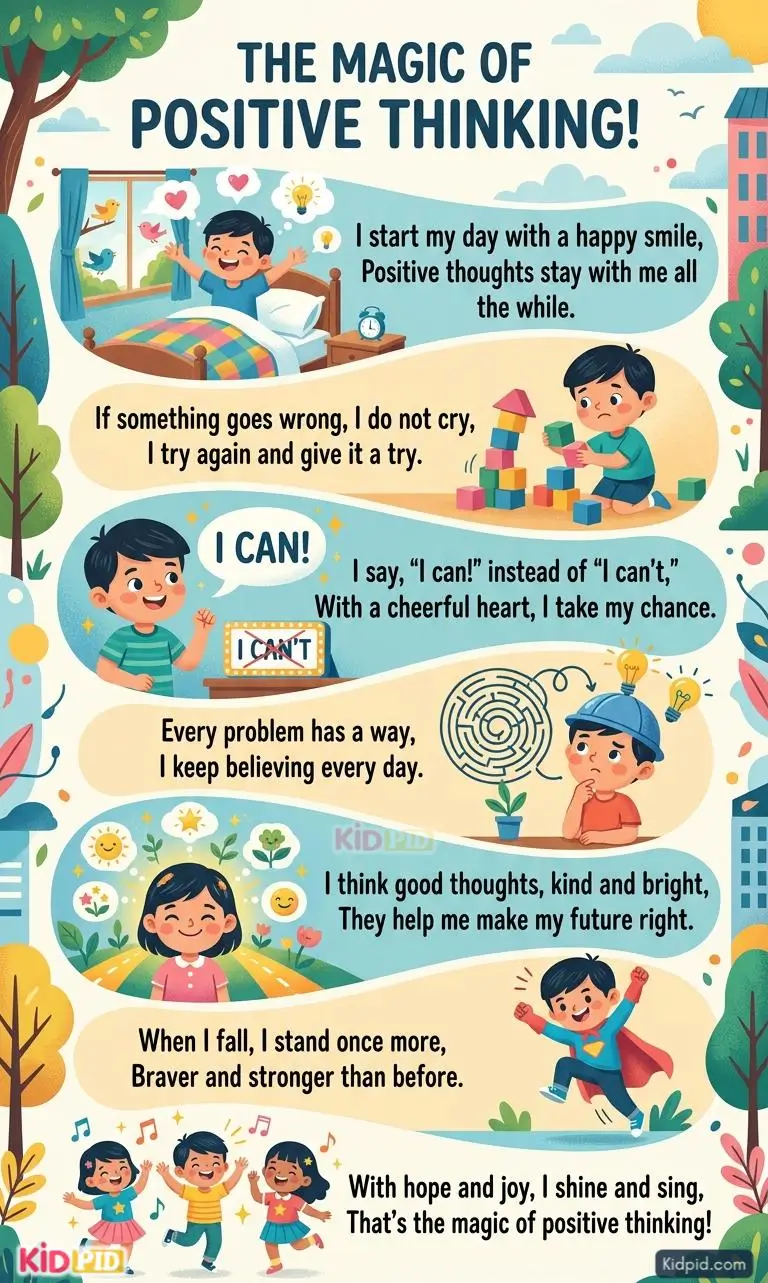 Colorful educational poster featuring a positive thinking rhyme for kids with cheerful children learning confidence, resilience, optimism, and self-belief through everyday situations.