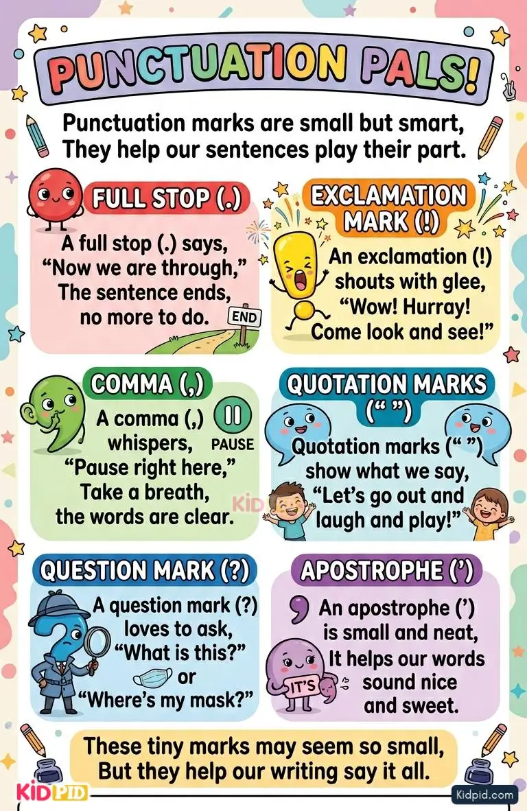 Colorful educational poster featuring a punctuation marks rhyme for kids with full stop, comma, question mark, exclamation mark, quotation marks, and apostrophe illustrated in a fun child-friendly style.