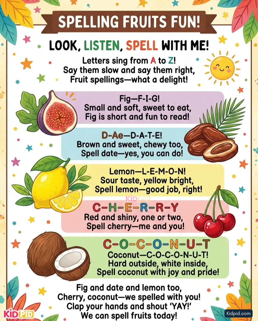 Fun fruit spelling learning poster for children featuring fig, date, lemon, cherry, and coconut with colorful cartoon fruit illustrations.