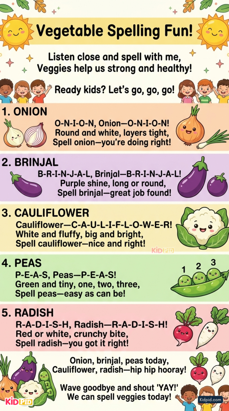 Educational vegetable spelling rhyme poster for kids featuring onion, brinjal, cauliflower, peas, and radish with cute cartoon illustrations and phonics learning text.