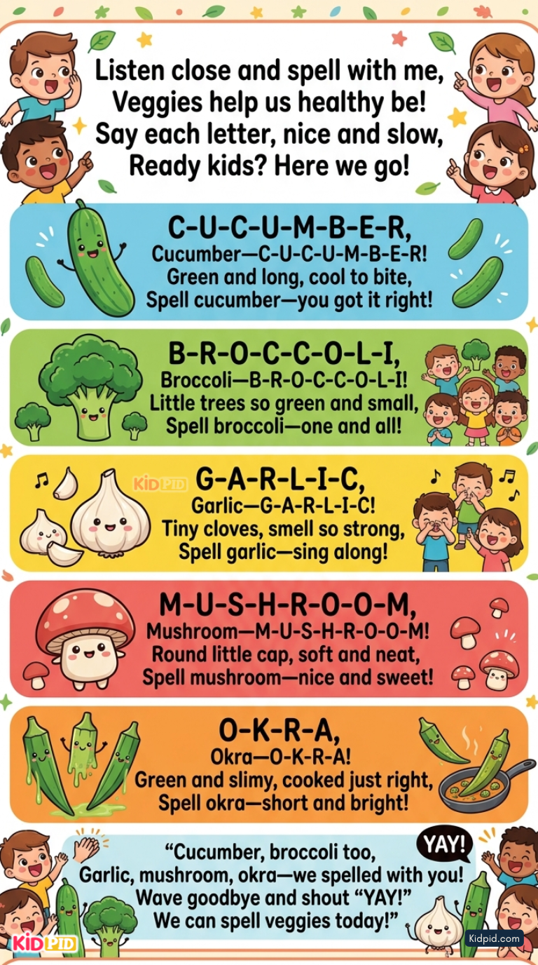 Educational vegetable spelling rhyme poster for kids featuring cucumber, broccoli, garlic, mushroom, and okra with cute cartoon vegetables and fun phonics learning activities.