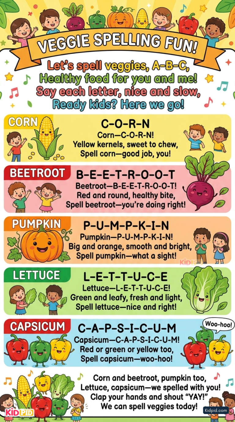 Colorful veggie spelling fun poster for kids featuring corn, beetroot, pumpkin, lettuce, and capsicum with cartoon vegetables, spelling rhymes, and happy children illustrations.