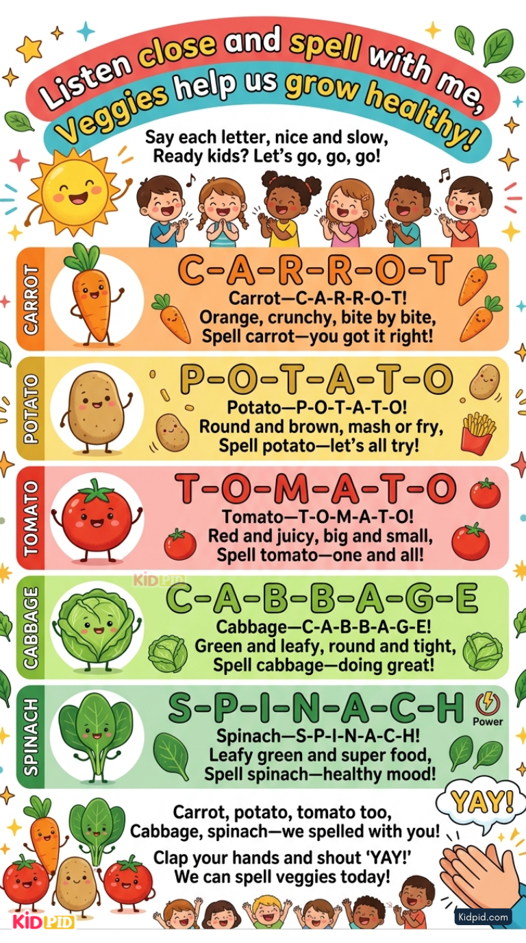 Colorful vegetable spelling rhyme poster for kids featuring carrot, potato, tomato, cabbage, and spinach with cute cartoon veggies, phonics spelling practice, and happy children illustrations.