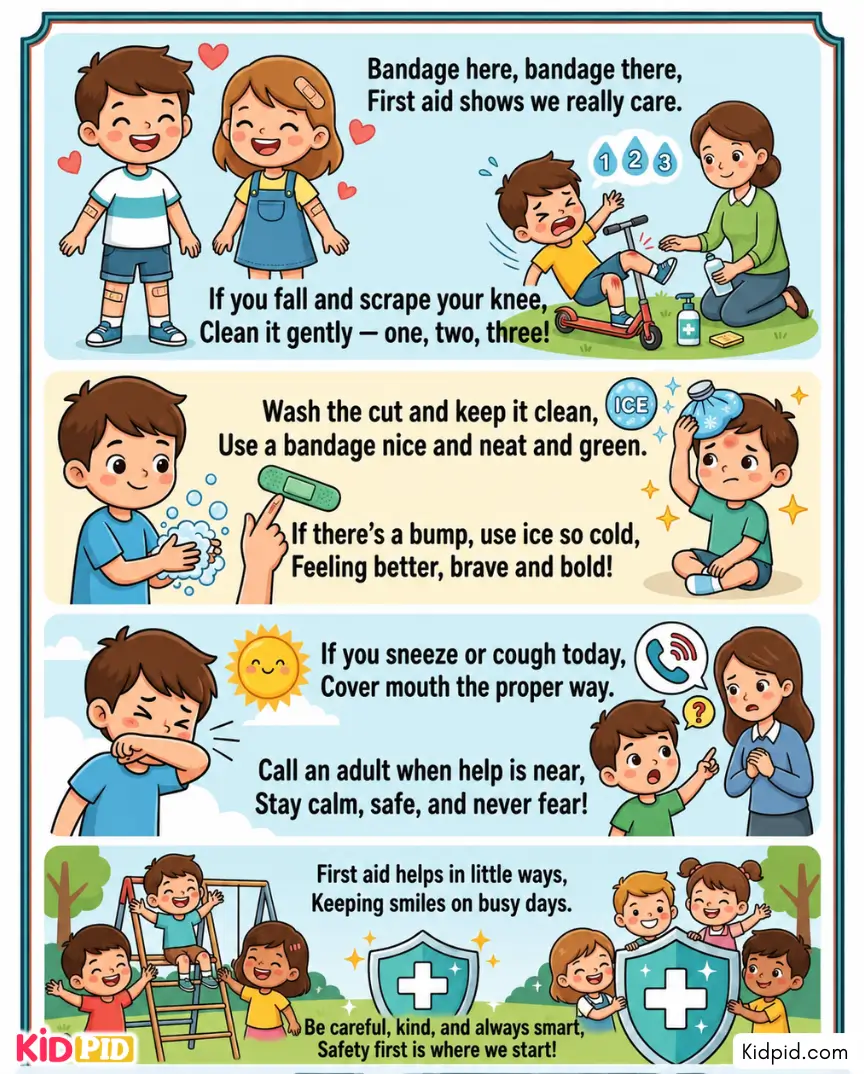 Educational First Aid Safety rhyme poster showing children learning about bandages, cleaning wounds, using ice packs, covering coughs, and asking adults for help.
