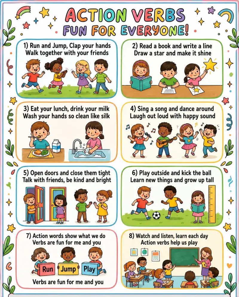 Colorful Action Verbs Fun for Everyone educational rhyme poster with children performing different action verbs.
