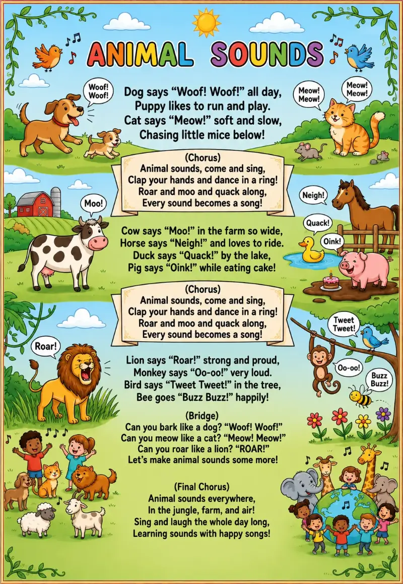 Colorful Animal Sounds rhyme poster featuring a dog, cat, cow, duck, pig, lion, monkey, bird, bee, and other animals teaching children different animal sounds.