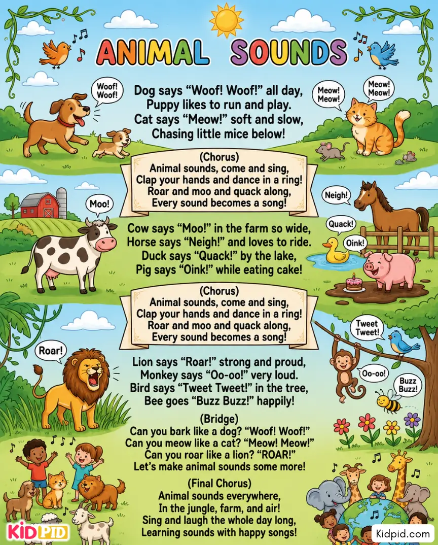 Colorful Animal Sounds rhyme poster featuring a dog, cat, cow, horse, duck, pig, lion, monkey, bird, and bee teaching children different animal sounds through a fun educational poem.