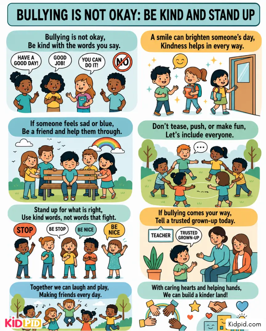 Colorful anti-bullying rhyme poster showing children practicing kindness, inclusion, friendship, and standing up against bullying at school.