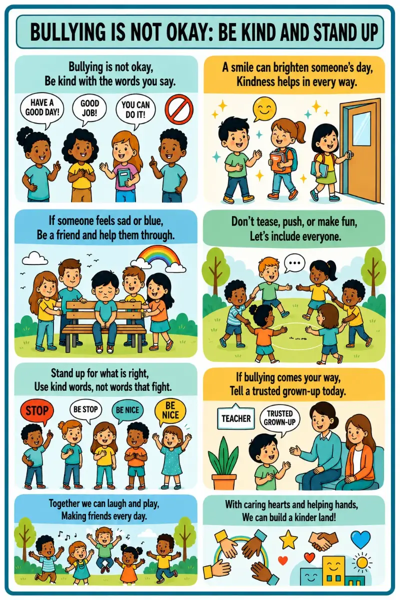 Educational anti-bullying rhyme poster showing children practicing kindness, inclusion, friendship, and asking trusted adults for help.