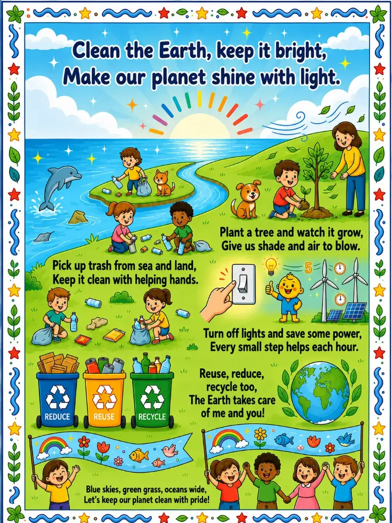 Children cleaning the environment, planting trees, recycling waste, and saving energy in a Clean the Earth educational rhyme poster.