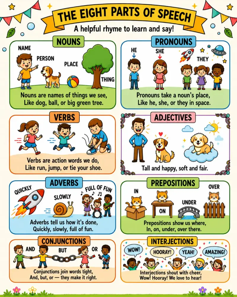 Eight Parts of Speech educational rhyme poster featuring nouns, pronouns, verbs, adjectives, adverbs, prepositions, conjunctions, and interjections for kids. 