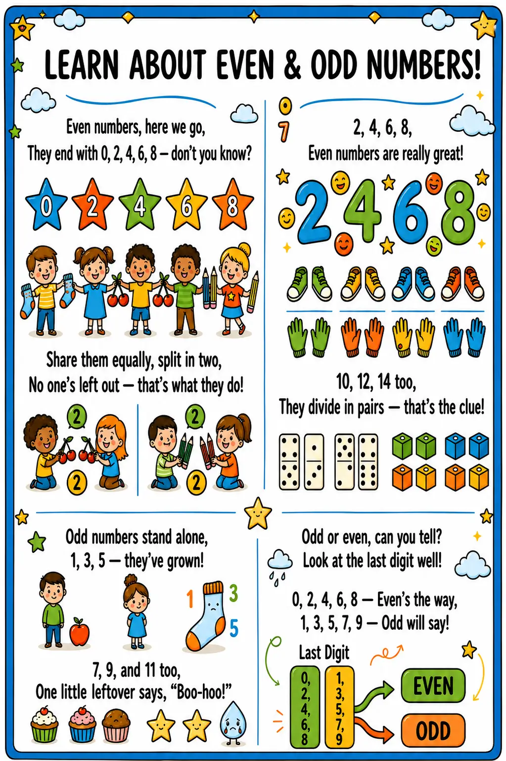 Educational Even and Odd Numbers rhyme poster with colorful numbers, objects, and fun examples for young learners.