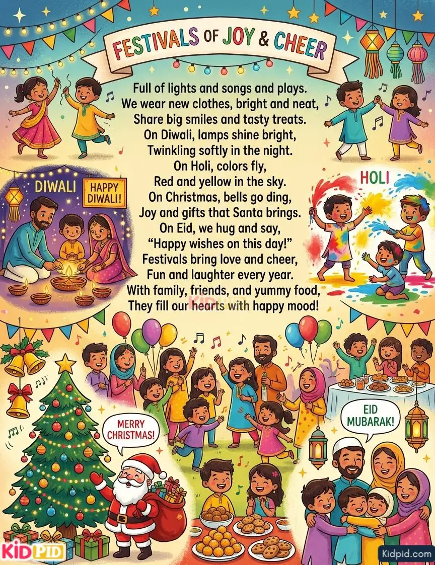 Bright children's poster celebrating Diwali, Holi, Christmas, and Eid with colorful illustrations of families, lights, gifts, food, music, and festive activities alongside a joyful rhyme.