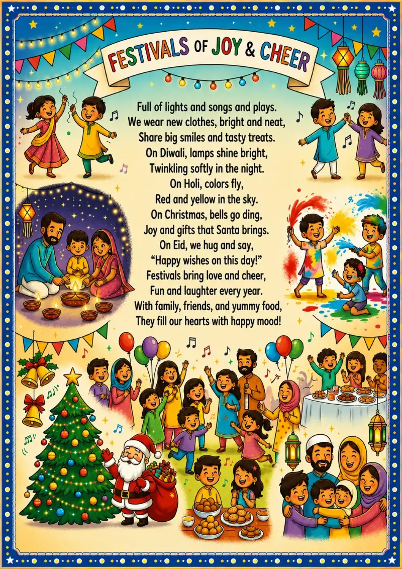 Colorful Festivals of Joy & Cheer rhyme poster featuring Diwali, Holi, Christmas, and Eid celebrations for kids