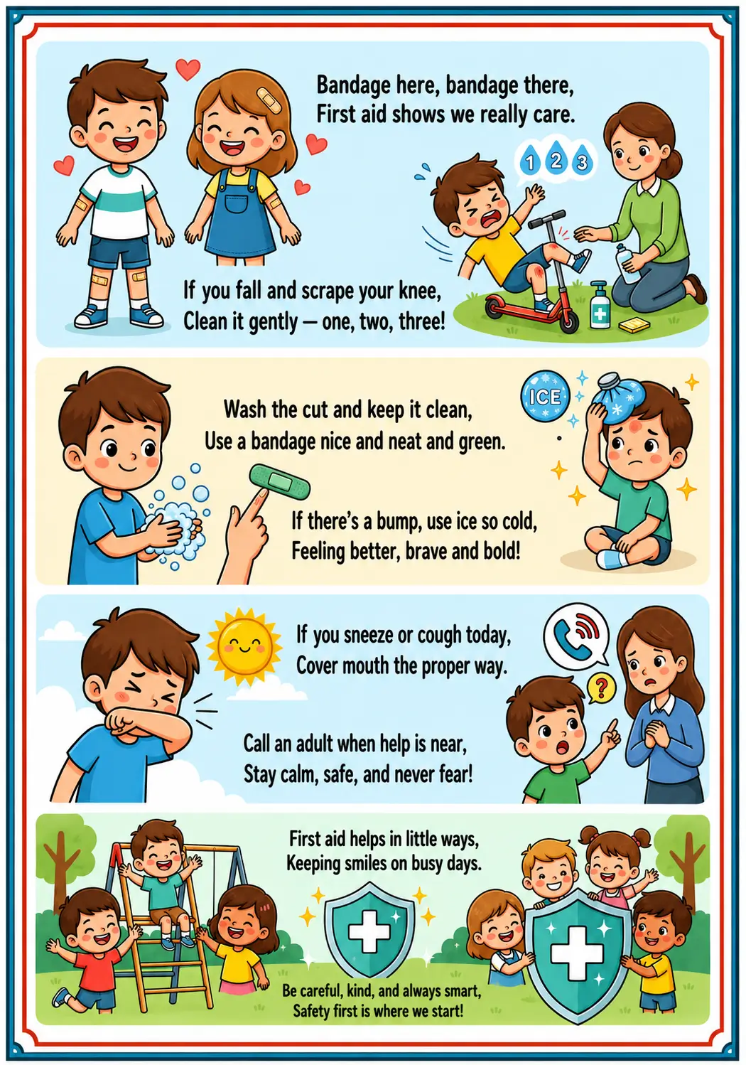 Aid Safety rhyme poster showing children learning basic first aid, cleaning wounds, using bandages, applying ice packs, and asking adults for help.