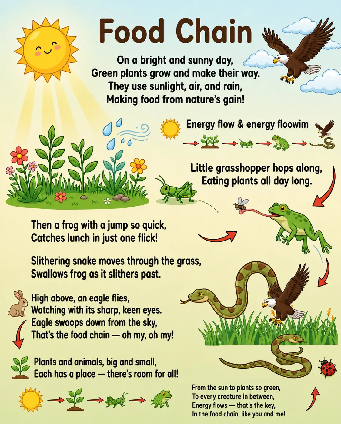 Colorful Food Chain rhyme poster showing the sun, plants, grasshopper, frog, snake, eagle, and energy flow for kids.