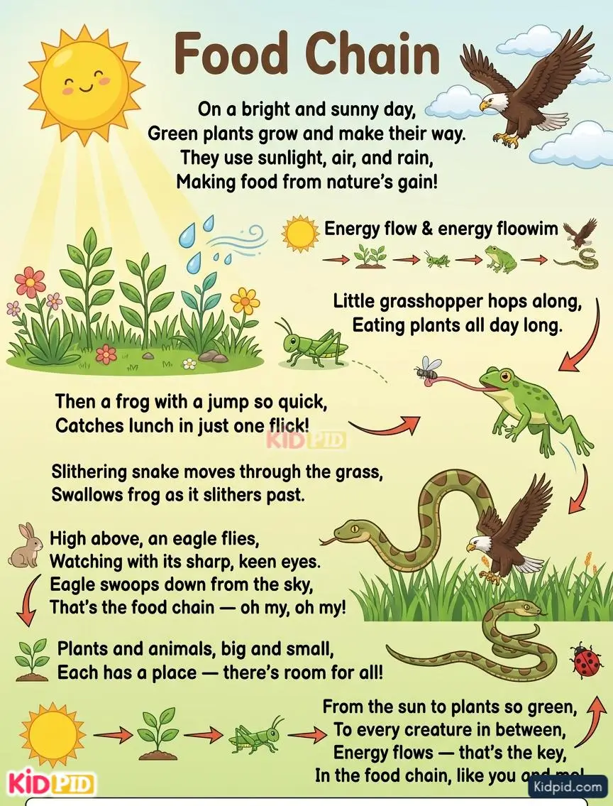 Educational food chain poster for children showing the sun, plants, grasshopper, frog, snake, and eagle connected in a simple food chain with rhyming verses and colorful illustrations.