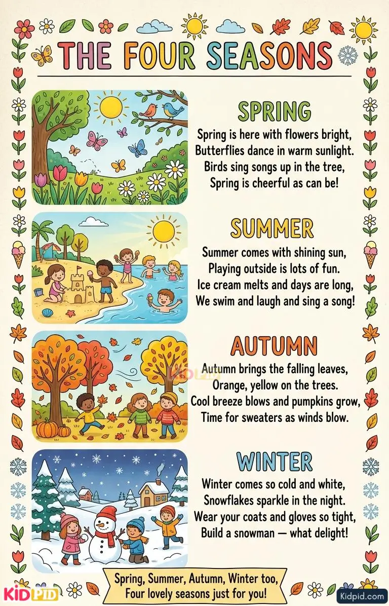 Colorful educational poster featuring the four seasons with illustrations of spring flowers, summer beach fun, autumn leaves, and winter snow scenes, accompanied by short rhymes for children.
