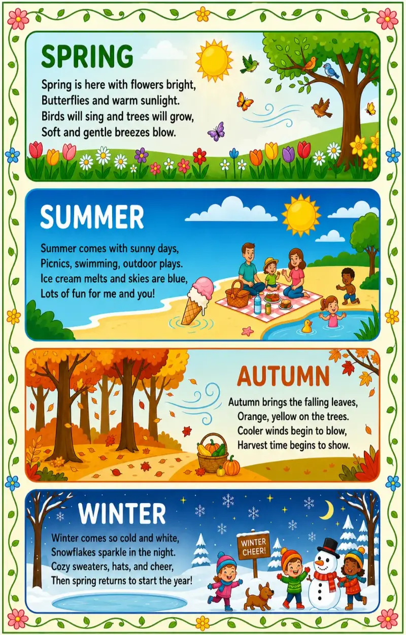 Bright educational Four Seasons rhyme poster featuring spring, summer, autumn, and winter with colorful nature scenes.
