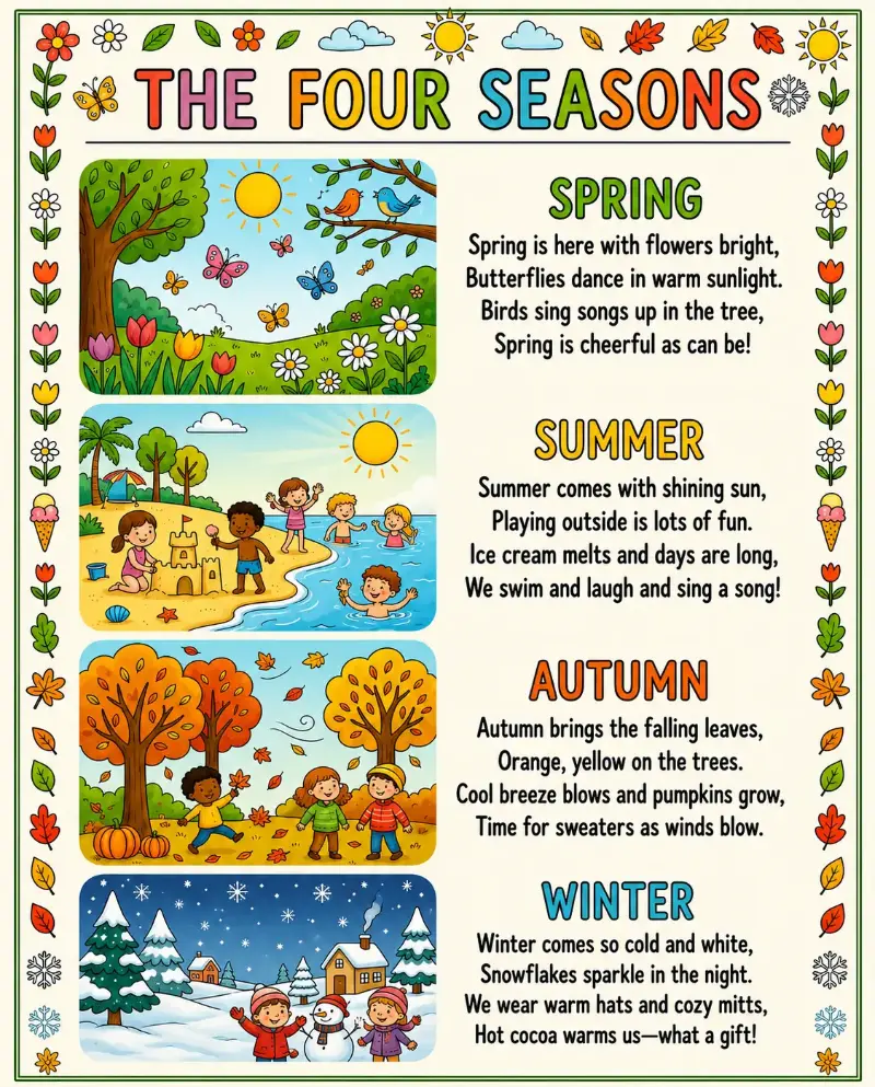 Colorful Four Seasons rhyme poster for kids featuring Spring, Summer, Autumn, and Winter with fun illustrations and simple poems.