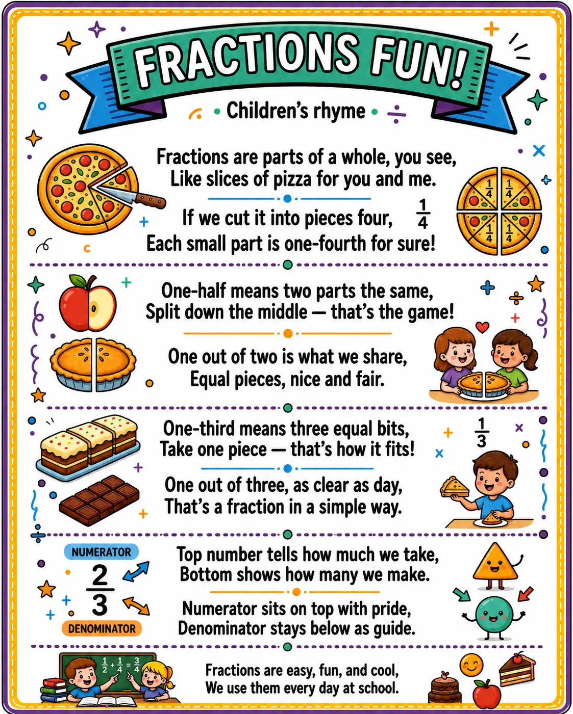 Educational fractions rhyme poster explaining halves, thirds, quarters, numerators, and denominators with fun food illustrations.