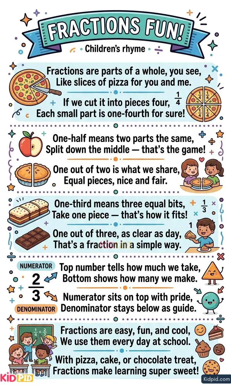 Colorful fractions rhyme poster for kids explaining one-half, one-third, one-fourth, numerator, and denominator with pizza, cake, and chocolate examples.