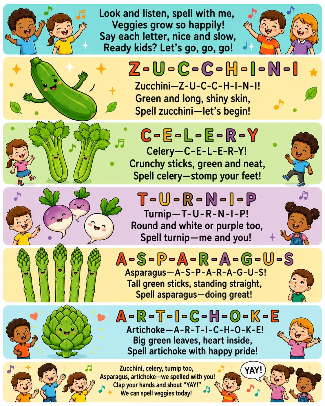 ducational vegetable spelling rhyme poster featuring zucchini, celery, turnip, asparagus, and artichoke with colorful illustrations and phonics activities for kids.