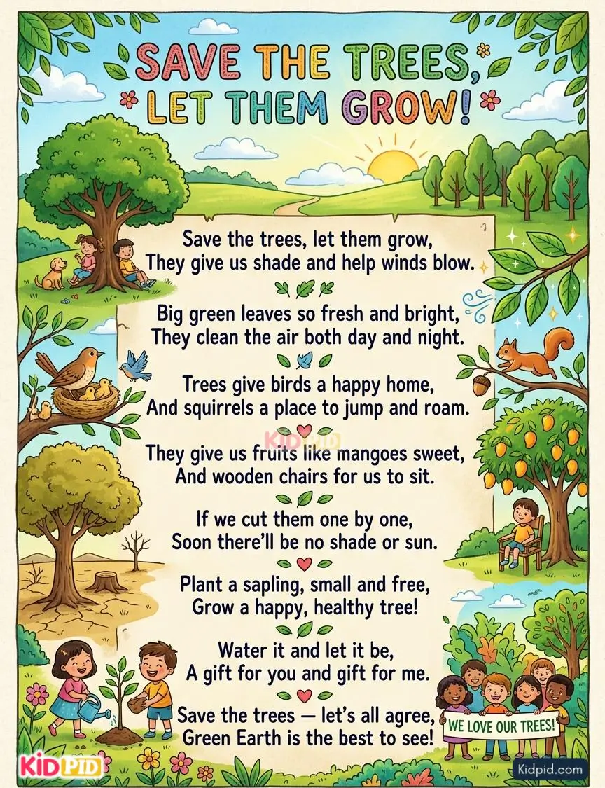 Colorful children's poster featuring the rhyme "Save the Trees, Let Them Grow!" with illustrations of trees, birds, squirrels, children planting saplings, and nature scenes that teach the importance of protecting trees and caring for the environment.