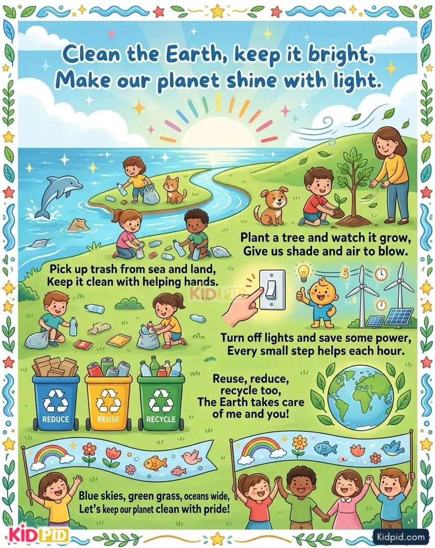 Educational environmental rhyme poster showing children picking up litter, planting trees, recycling waste, saving electricity, and keeping Earth clean and healthy.