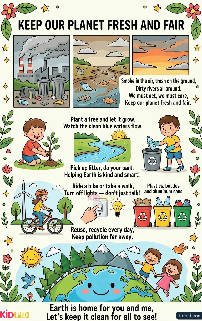Colorful children's educational poster about protecting the environment, featuring recycling, planting trees, reducing pollution, saving energy, biking, and keeping Earth clean through a fun rhyme.