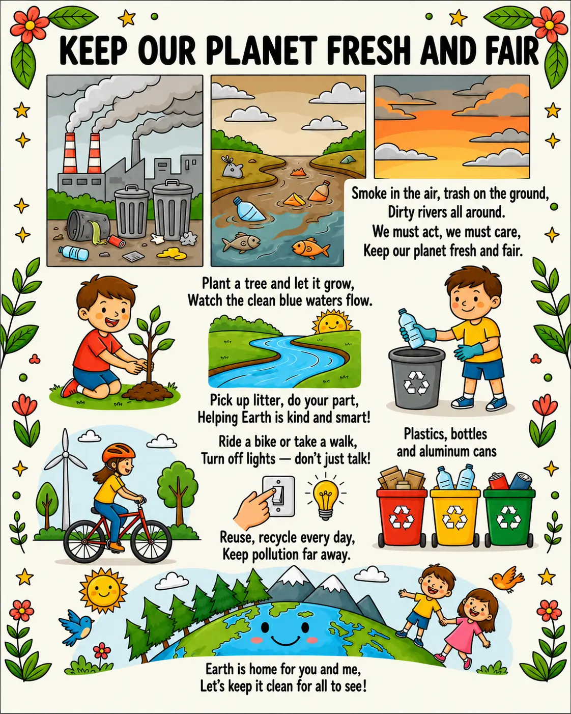 Environmental awareness rhyme poster teaching kids about recycling, planting trees, saving energy, and keeping Earth clean.