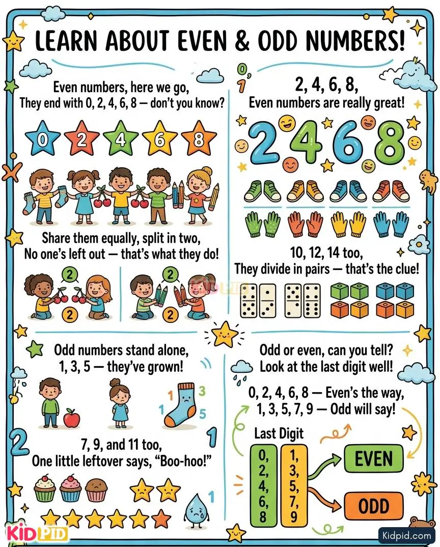 Colorful educational poster teaching even and odd numbers through rhymes, illustrations, pairs, and examples. The poster shows even numbers ending in 0, 2, 4, 6, 8 and odd numbers ending in 1, 3, 5, 7, 9 with child-friendly visuals.