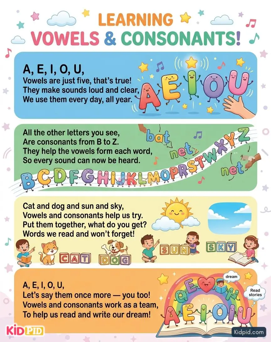 Educational vowels and consonants rhyme poster for kids featuring A, E, I, O, U and alphabet characters.
