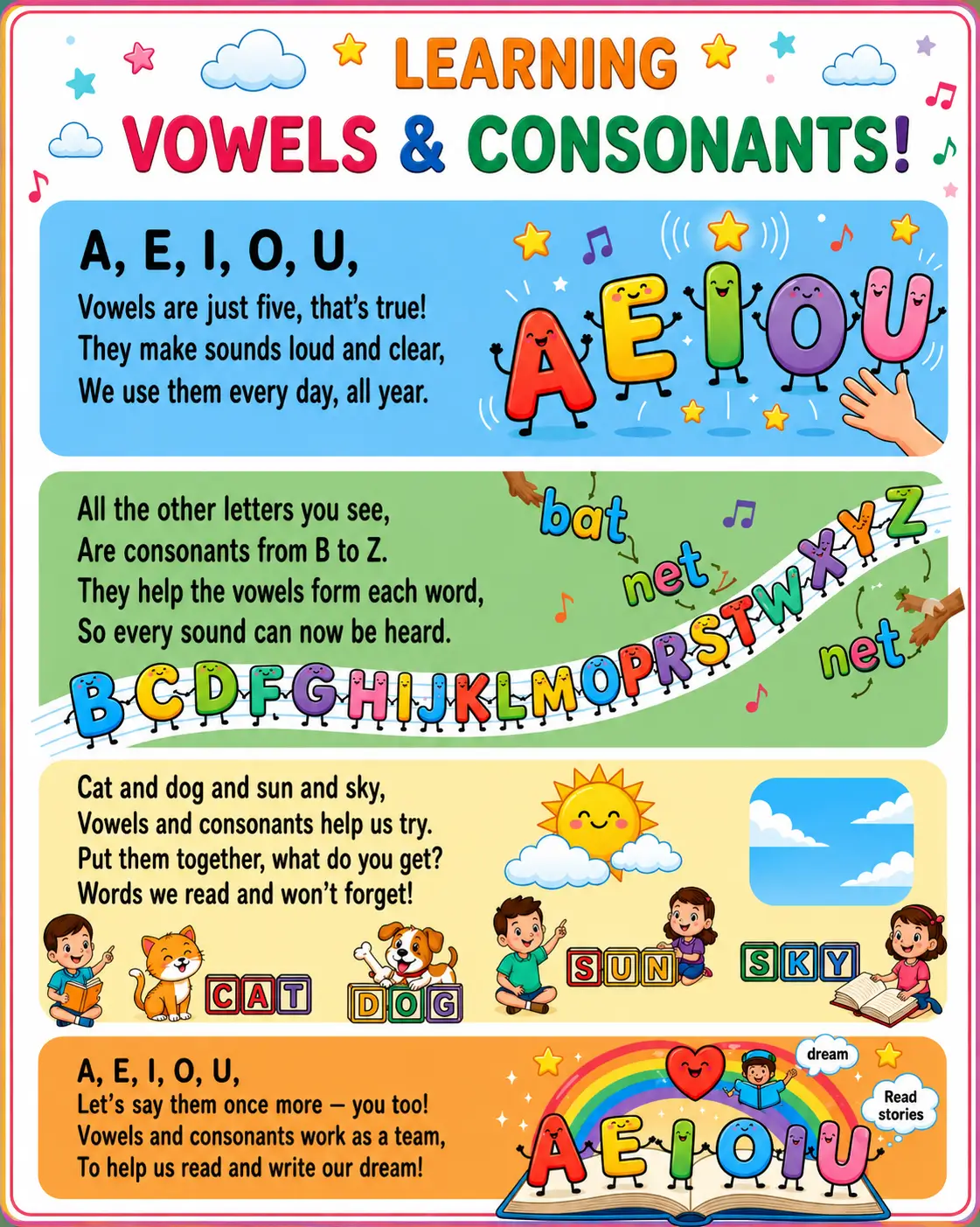 Colorful Learning Vowels and Consonants rhyme poster teaching children vowels, consonants, and simple word formation with fun illustrations.