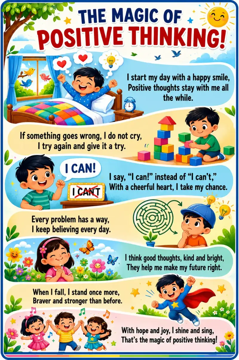Colorful positive thinking rhyme poster featuring children practicing optimism, confidence, kindness, and perseverance.
