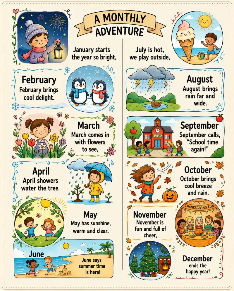Illustrated months of the year educational rhyme featuring seasonal activities, weather, holidays, and children enjoying each month.