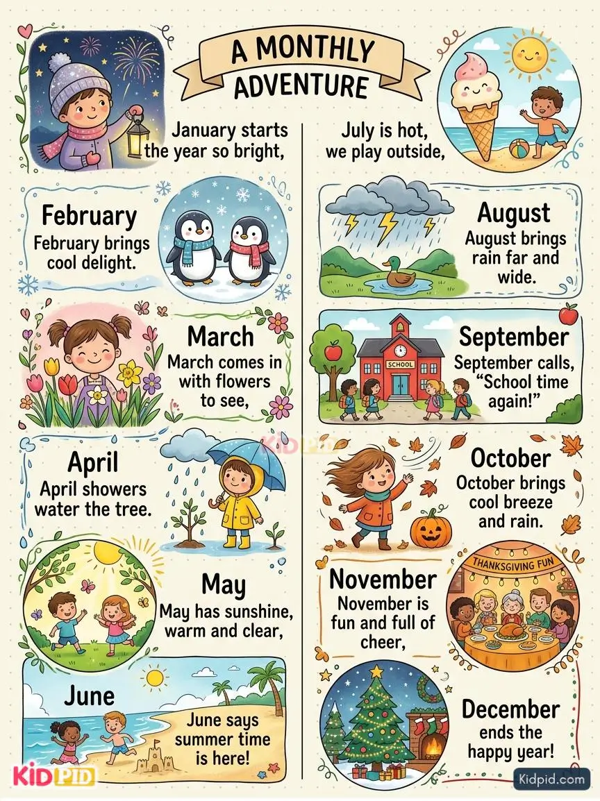 Colorful Months of the Year rhyme chart for kids with illustrations representing all twelve months and seasons.