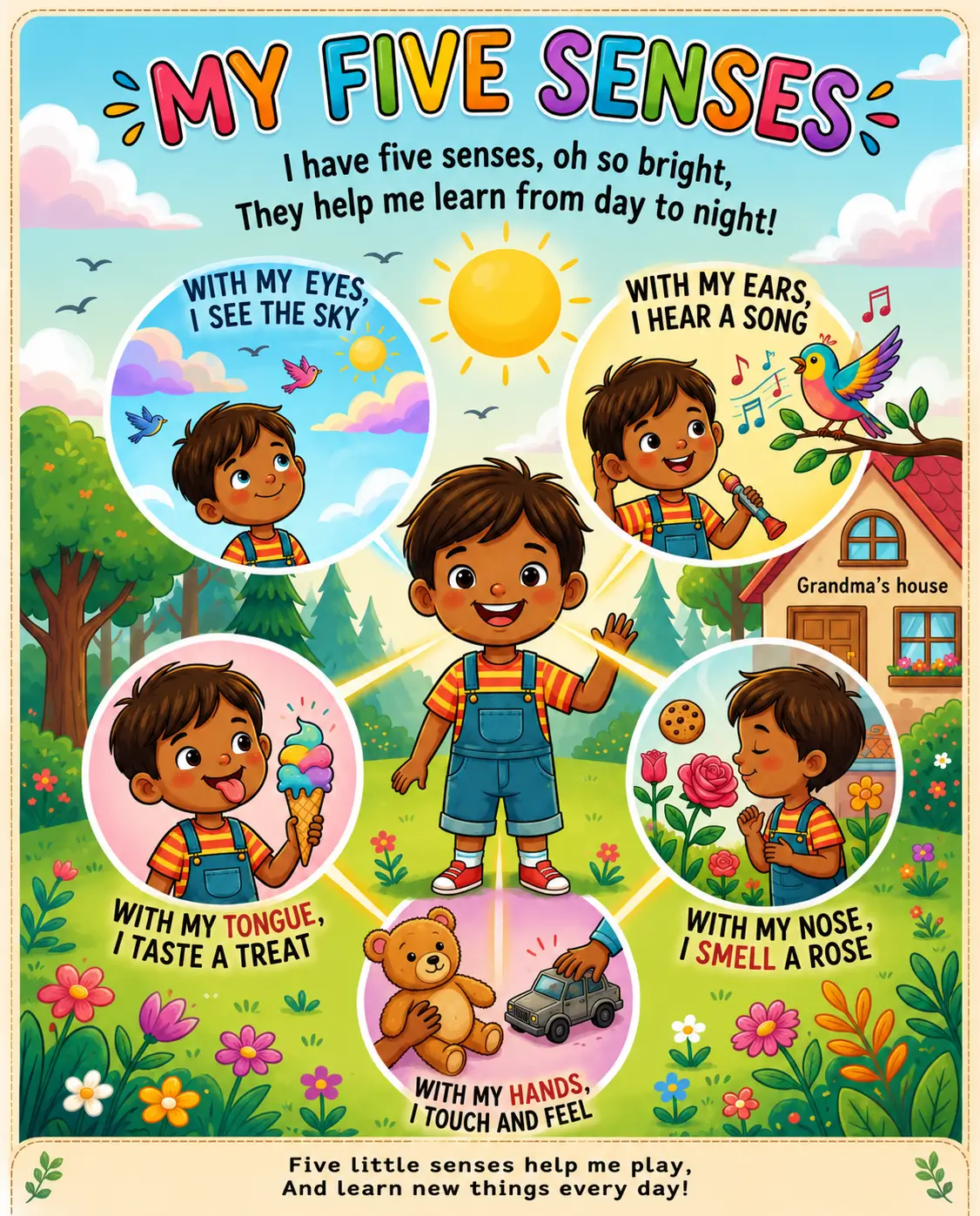 Colorful My Five Senses rhyme poster teaching children about sight, hearing, taste, smell, and touch.