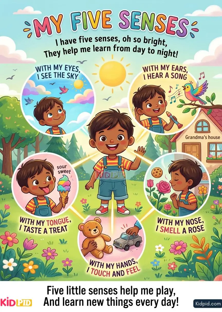 Colorful educational poster showing a child learning about the five senses through simple rhymes, including seeing the sky, hearing a song, tasting a treat, smelling a rose, and touching toys.