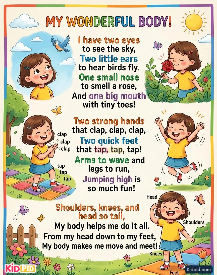 Educational children's poster featuring a girl identifying body parts such as eyes, ears, nose, hands, feet, shoulders, knees, and head through a playful rhyme and colorful outdoor scenes.