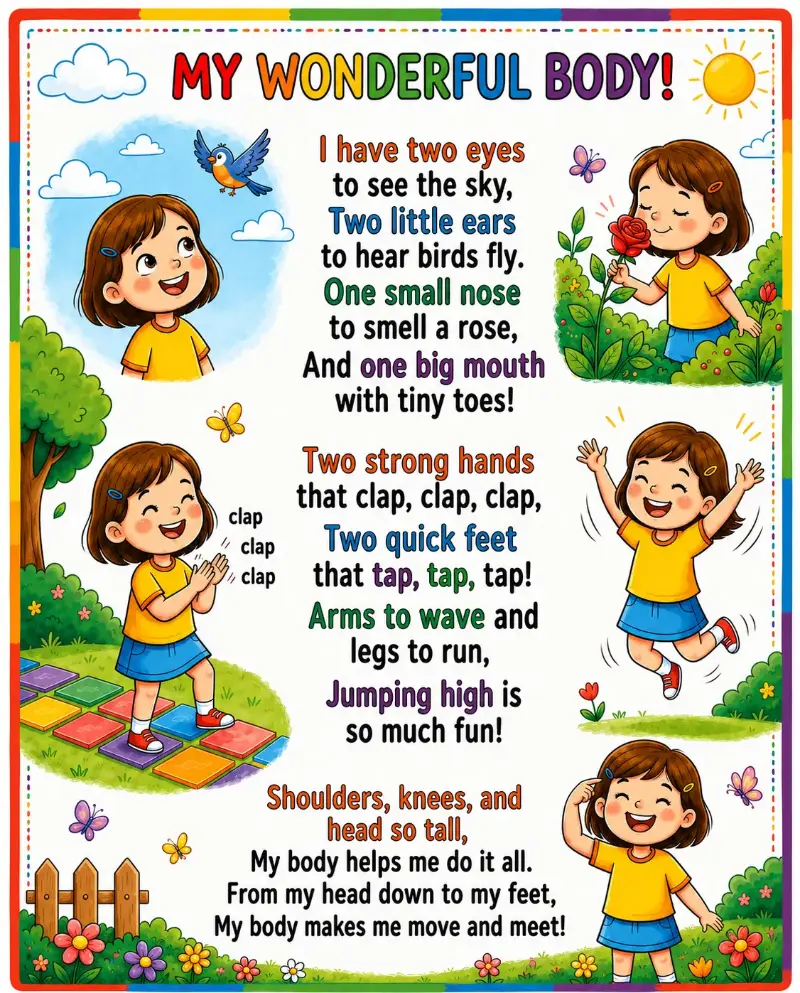 Bright educational rhyme poster teaching children about body parts and their functions through fun illustrations.
