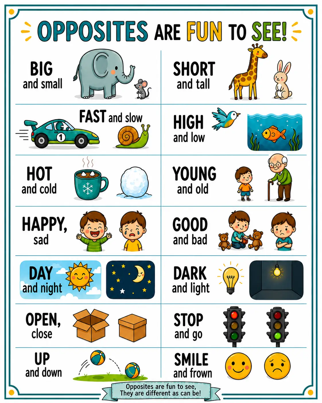 Educational opposites rhyme poster showing big and small, fast and slow, hot and cold, day and night, and other opposite words for kids.