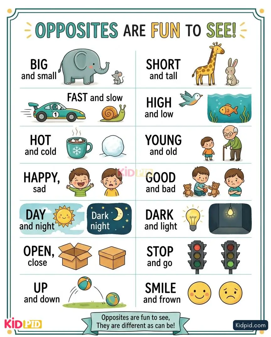 Colorful opposites rhyme chart for kids showing big and small, fast and slow, hot and cold, day and night, and other opposite words with illustrations.