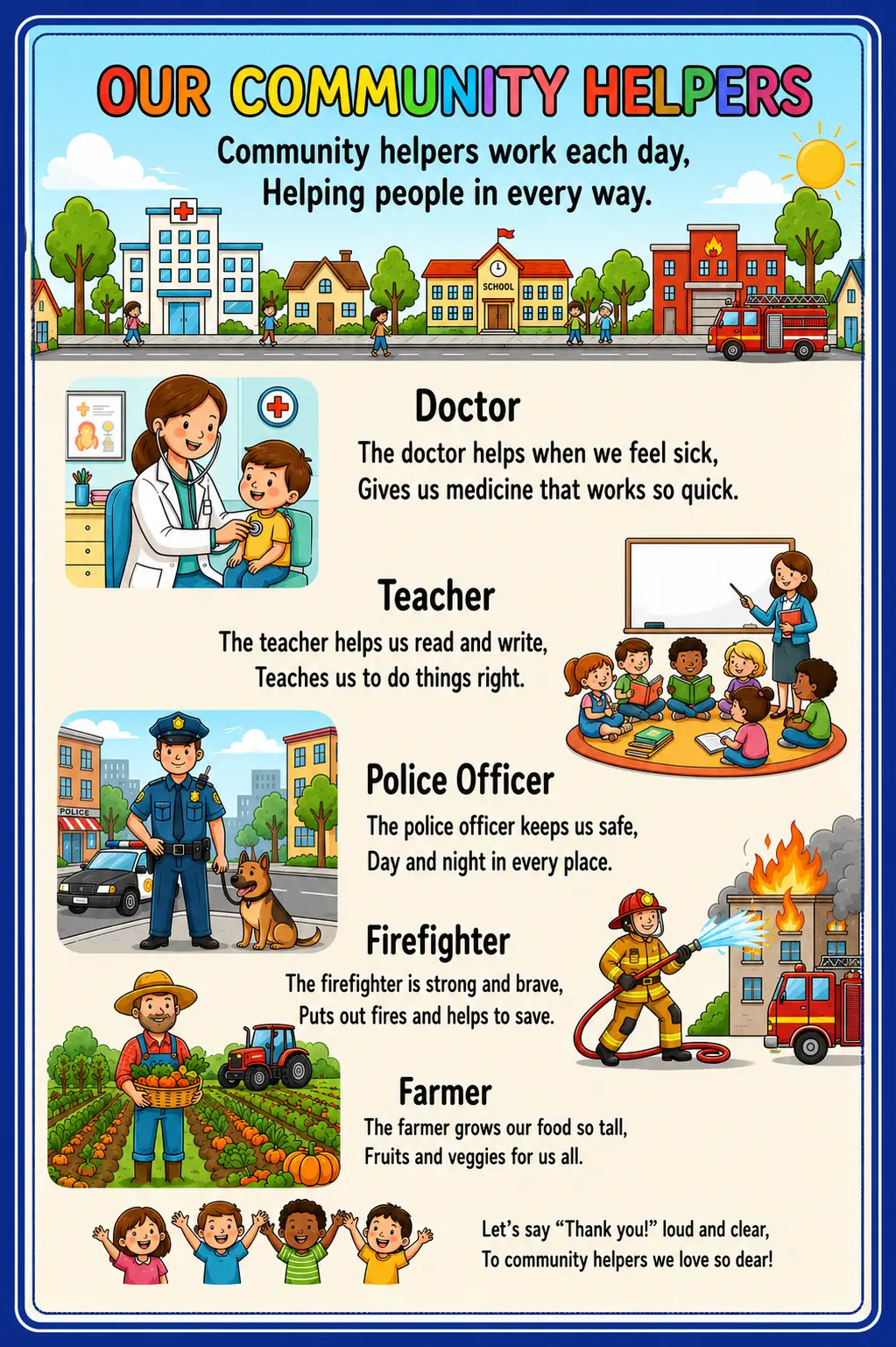 Educational Community Helpers rhyme poster showing a doctor, teacher, police officer, firefighter, and farmer for children.