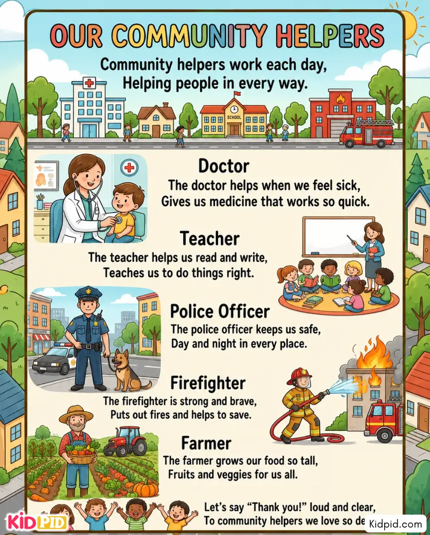 Community helpers rhyme poster showing a doctor, teacher, police officer, firefighter, and farmer helping people in the community.