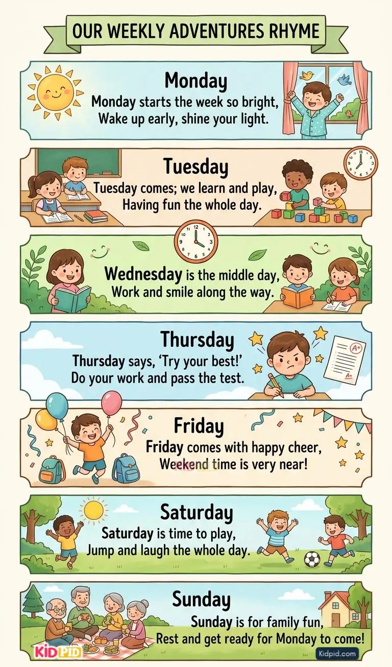 Colorful weekly adventures rhyme chart for kids featuring Monday to Sunday with fun illustrations and simple educational verses.